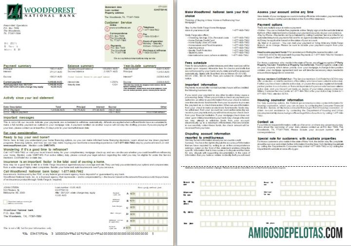 Extrato de hipoteca do Woodforest National Bank da Austrália, 2 páginas, 1 2 Scr exemplo real
